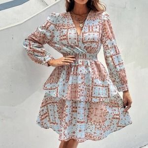 Floral blue wrap shirred layer tier bishop long sleeve high waist dress Sz S